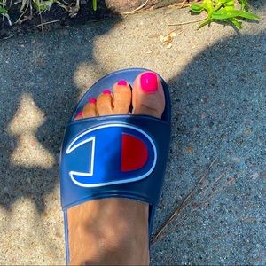 CHAMPION BLUE RED AND WHITE RUBBER SLIDES